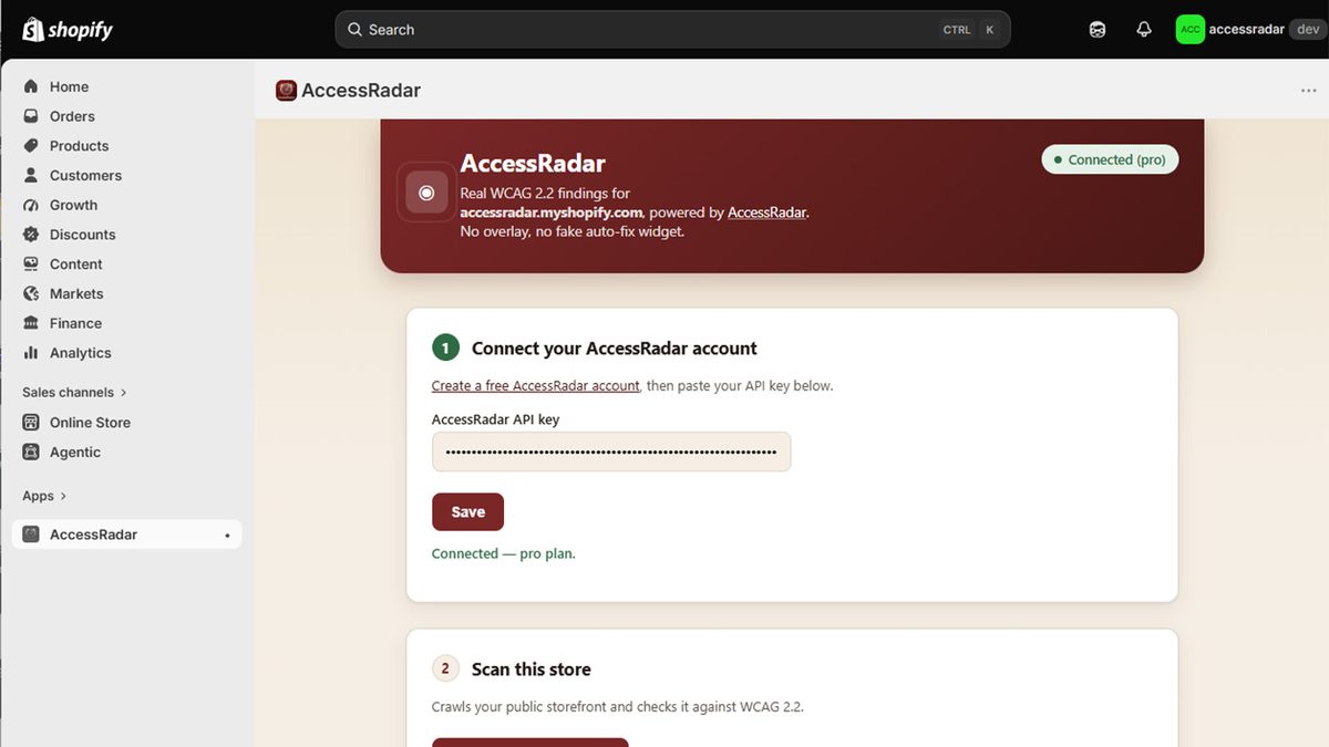 AccessRadar app installed in the Shopify admin, connected on the Pro plan, with the API key saved and a "Scan this store" step ready to run