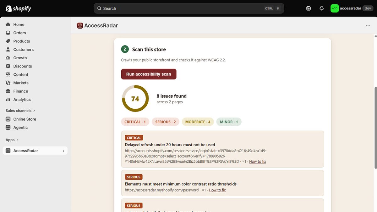 AccessRadar scan results inside Shopify showing a score of 74 out of 100 with 8 real findings, including a critical delayed-refresh issue and a serious color-contrast issue, each with a direct "How to fix" link