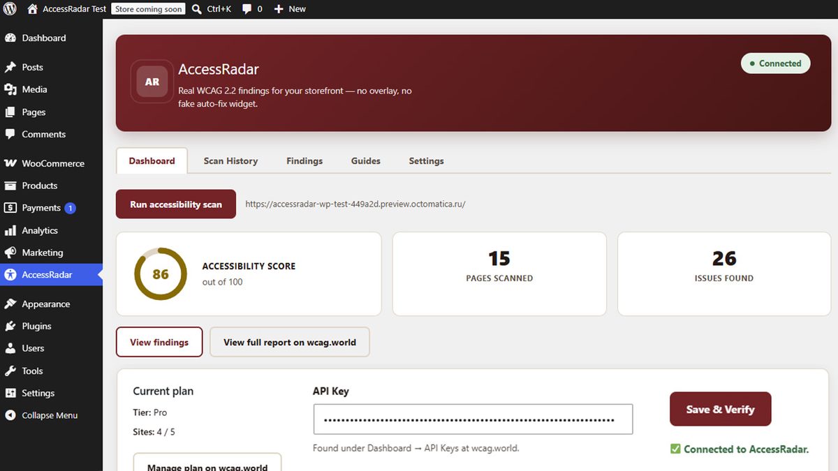 AccessRadar WordPress dashboard showing an accessibility score of 86 out of 100, 15 pages scanned, 26 issues found, and buttons to view findings or the full report on wcag.world