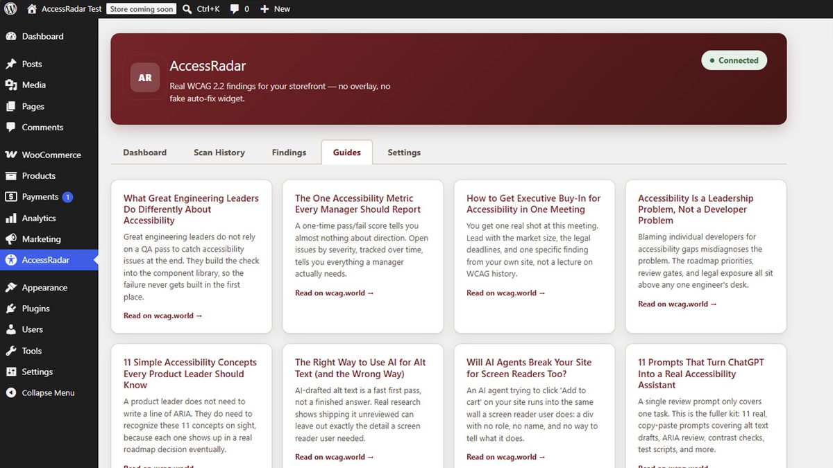 AccessRadar plugin in the WordPress admin showing the connected banner and a Guides tab of accessibility how-to articles for engineering and product leaders