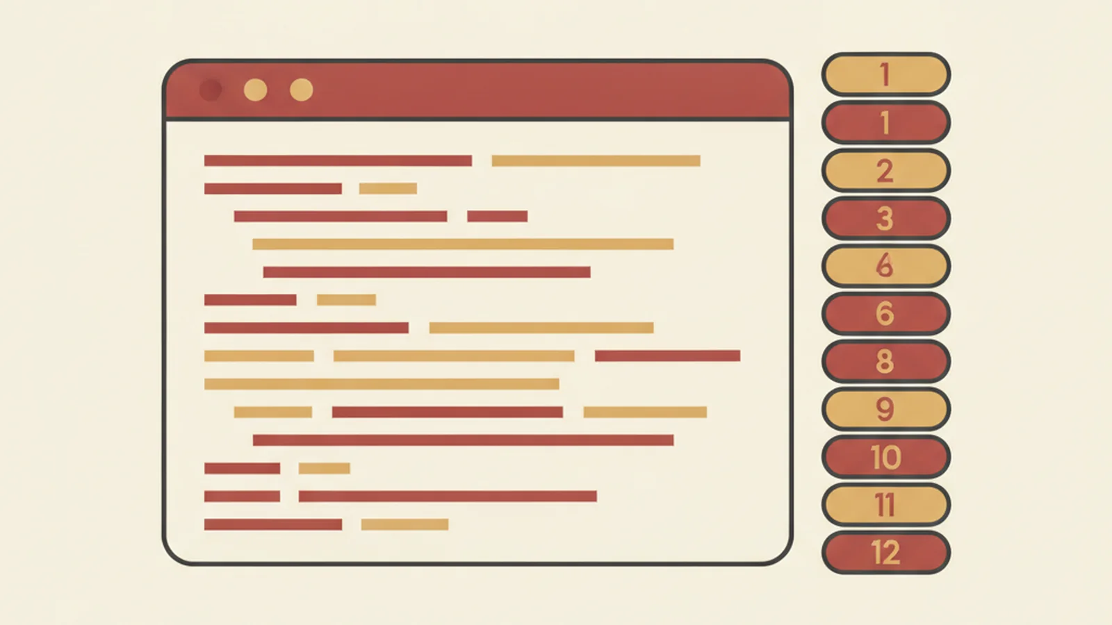 Illustration of a code editor window with twelve small numbered code-snippet tags stacked beside it, in an oxblood and cream editorial style