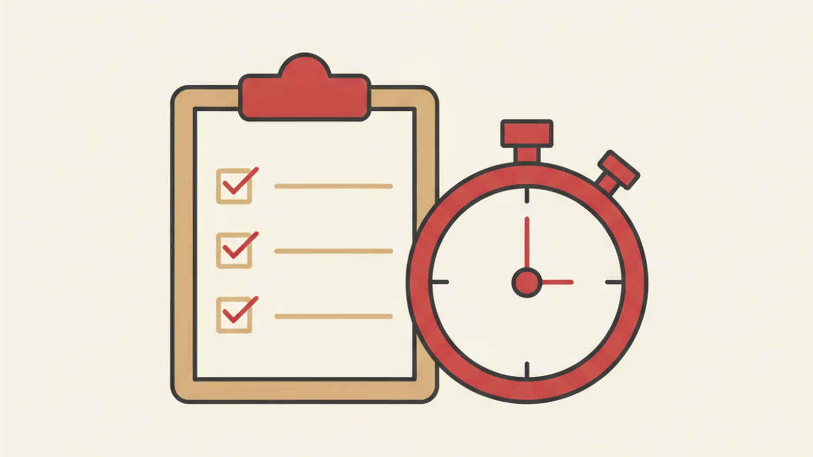 Illustration of a checklist clipboard with checkmarks next to a stopwatch showing a short elapsed time