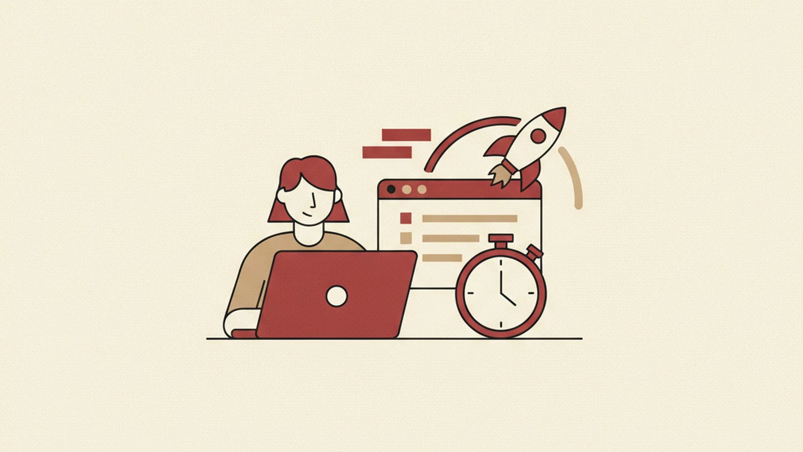 Oxblood and cream editorial illustration of a five-step checklist strip with small clock icons, styled like a pre-flight gate check.