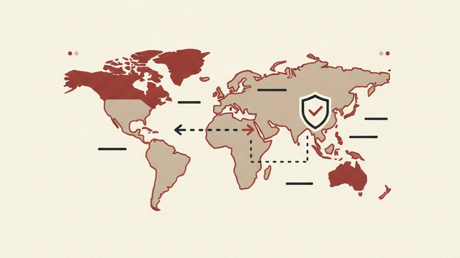 Oxblood and cream editorial illustration of a US map and EU map connected by a shipping route, in a flat brick-and-cream style