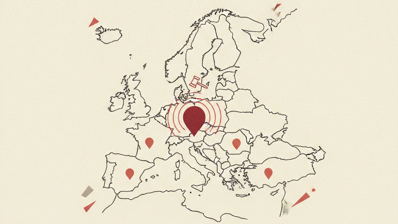 An oxblood and cream editorial illustration of a map of Europe with four countries highlighted and small courthouse and letter icons over each one.