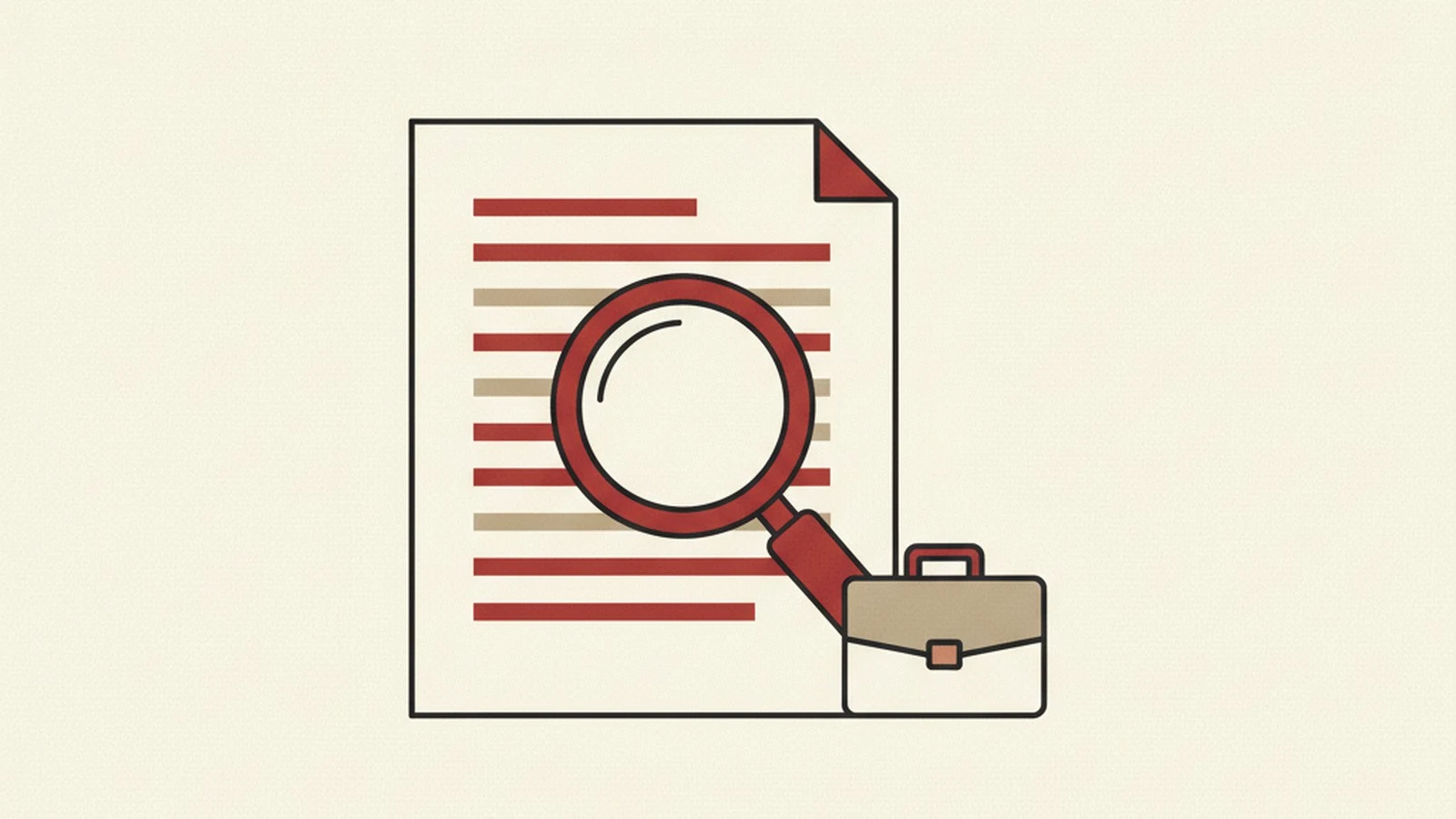 An oxblood and cream editorial illustration of a magnifying glass hovering over a checklist document on a boardroom table.