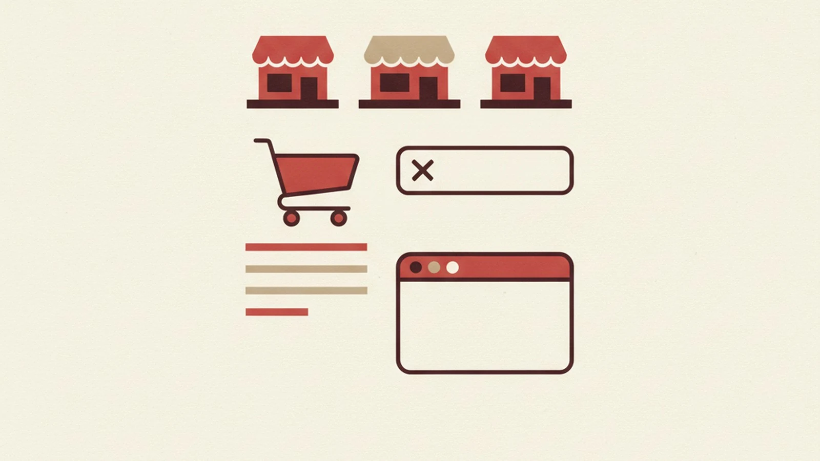 Oxblood and cream editorial illustration of a product page add to cart button with a magnifying glass hovering over it, in a warm hand drawn style
