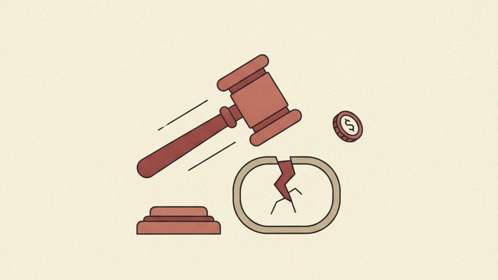 Illustration of a gavel striking a cracked accessibility-widget badge icon beside a small coin shape