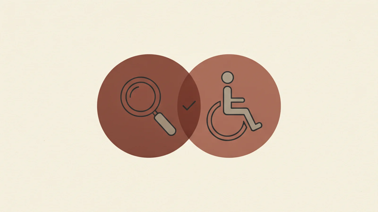 Illustration of two overlapping circles, one with a magnifying glass and one with a person icon, overlapping in the middle with a checkmark
