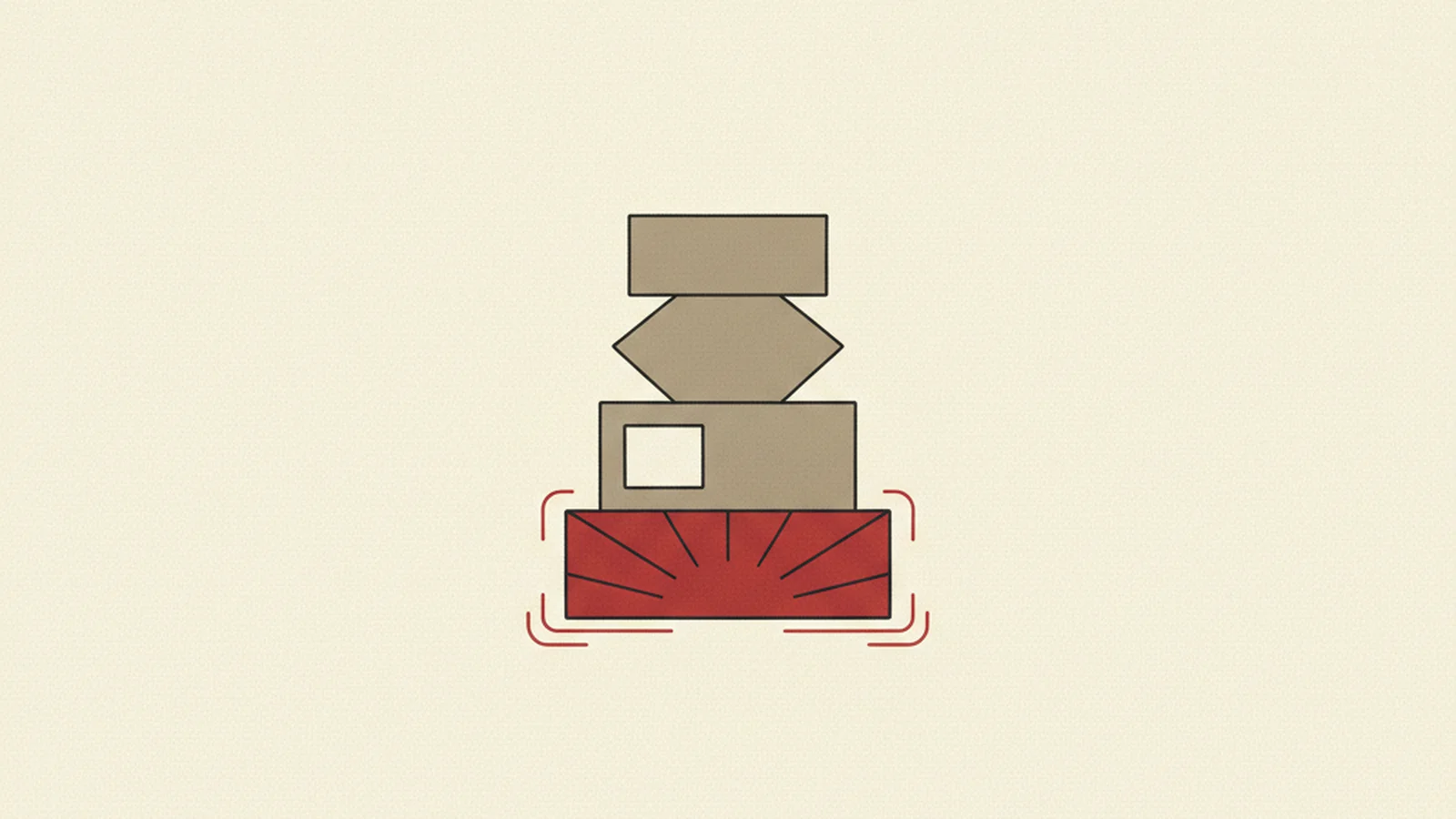 Illustration of a stack of geometric building blocks forming a tower with a glowing oxblood foundation block