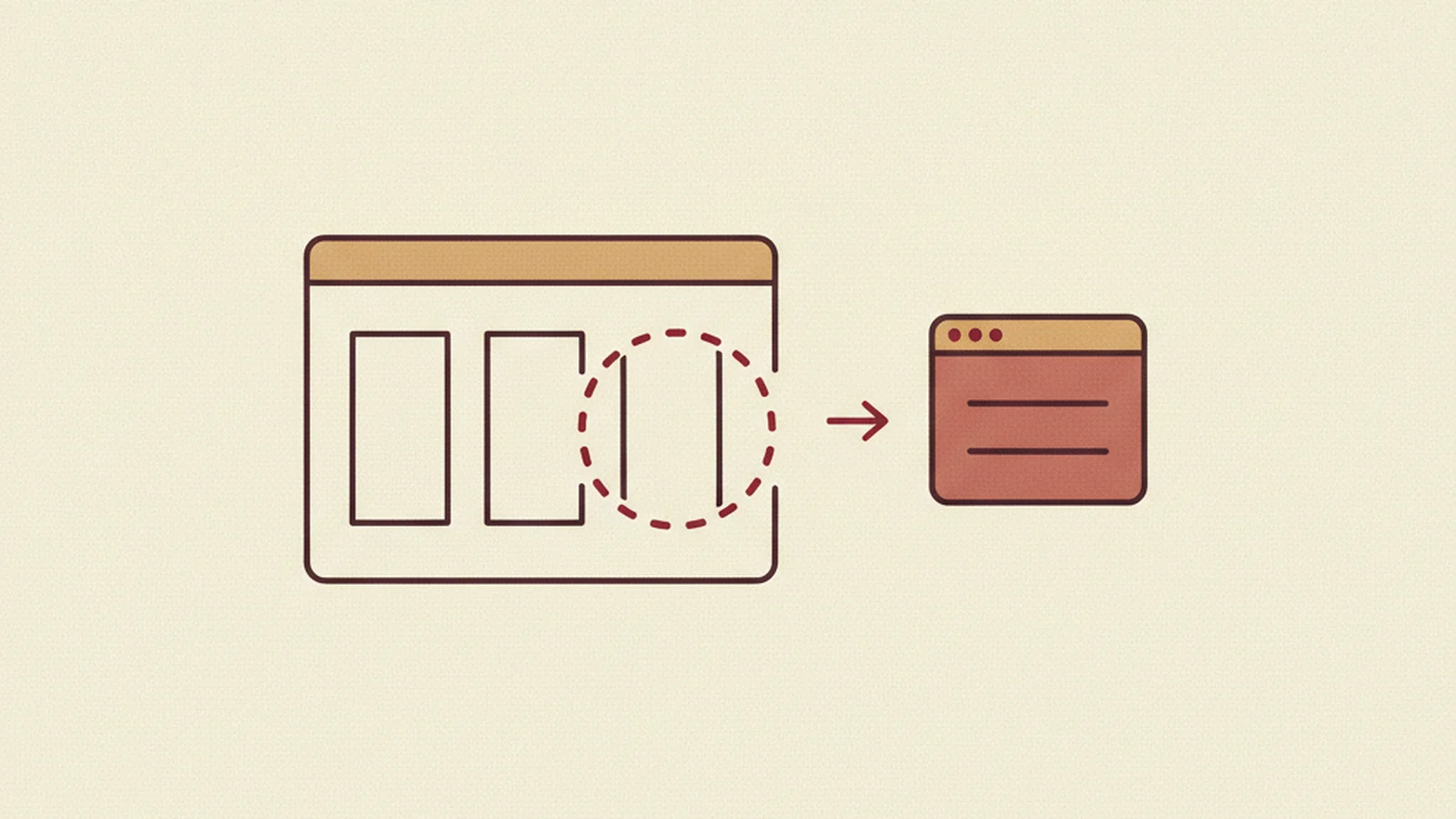 An oxblood and cream editorial illustration of a Figma file icon with callout markers pointing to a handoff checklist.