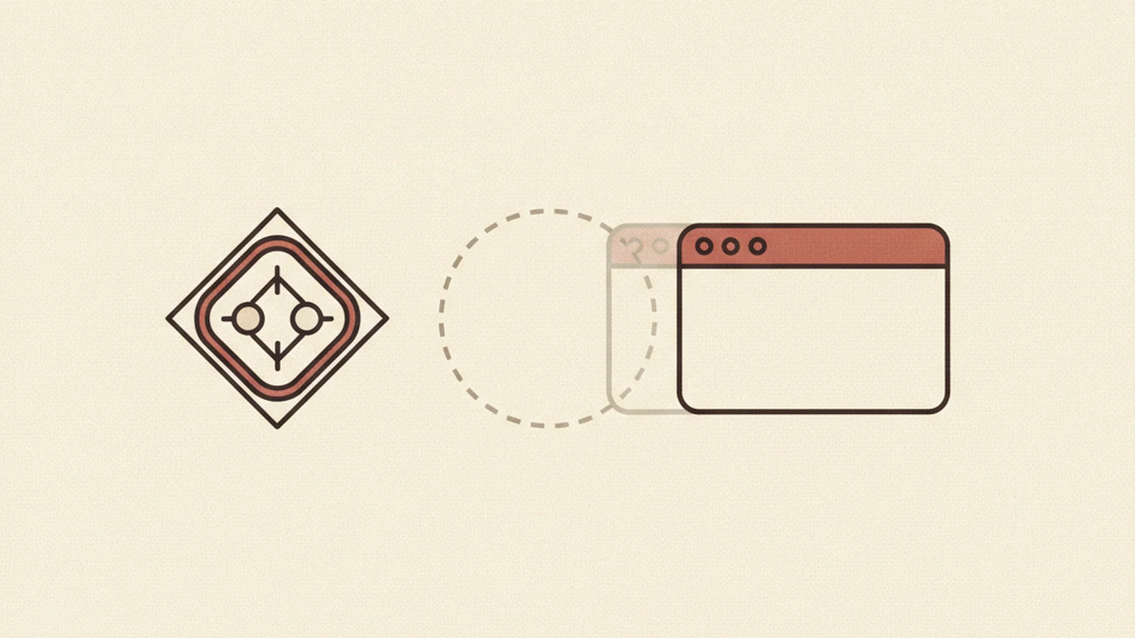 Illustration of a design-file icon morphing into a browser window with a fading dashed focus-ring outline between them