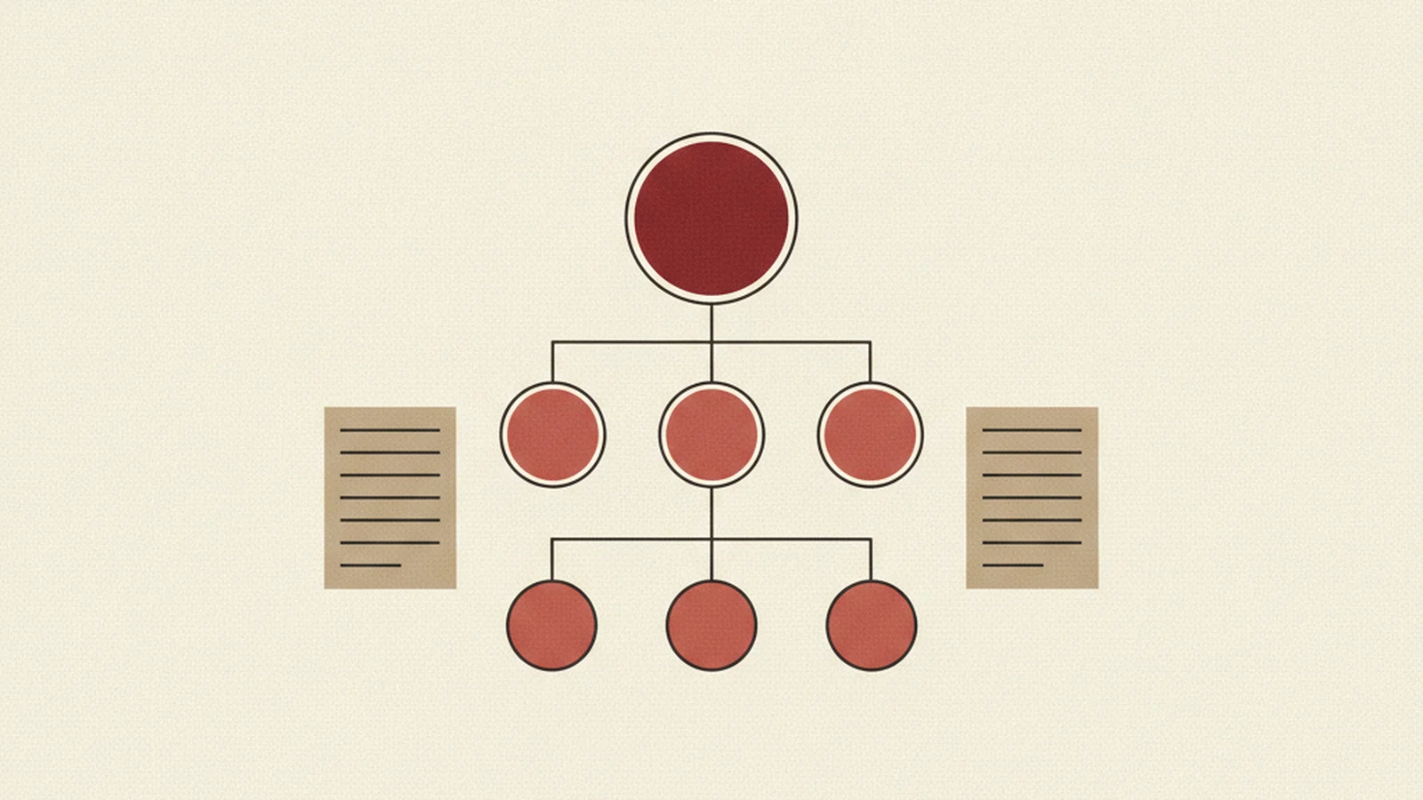 Illustration of an org chart with a single developer icon at the bottom and a leadership icon at the top, connected by a highlighted accessibility checkpoint, in an oxblood and cream editorial style