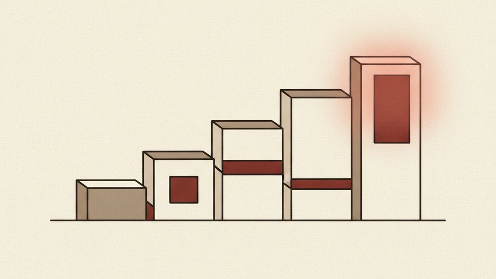 Illustration of five ascending staircase steps of increasing height with the tallest step glowing oxblood