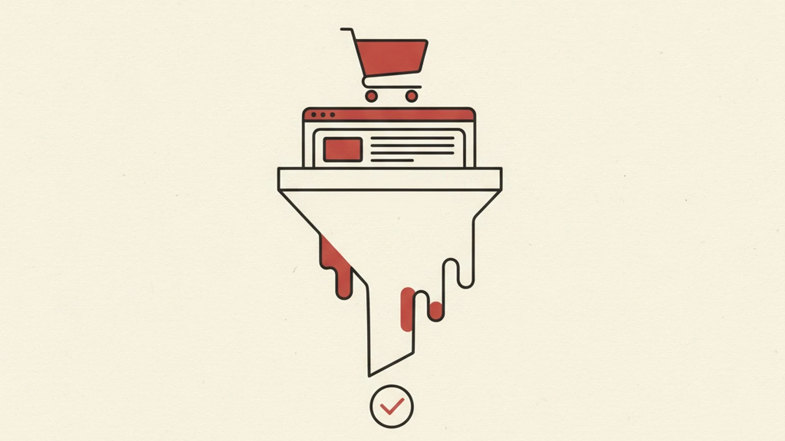 Editorial illustration in oxblood and cream of a shopping funnel, with a search bar, a product photo, and a cart icon each fading out before reaching a checkout door.