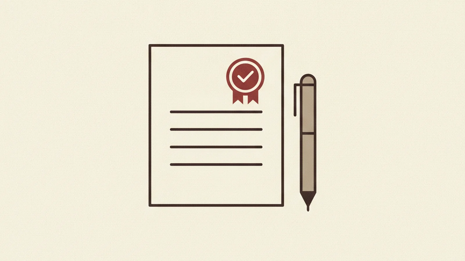 Illustration of a contract document with a checkmark seal stamp and a pen resting beside it