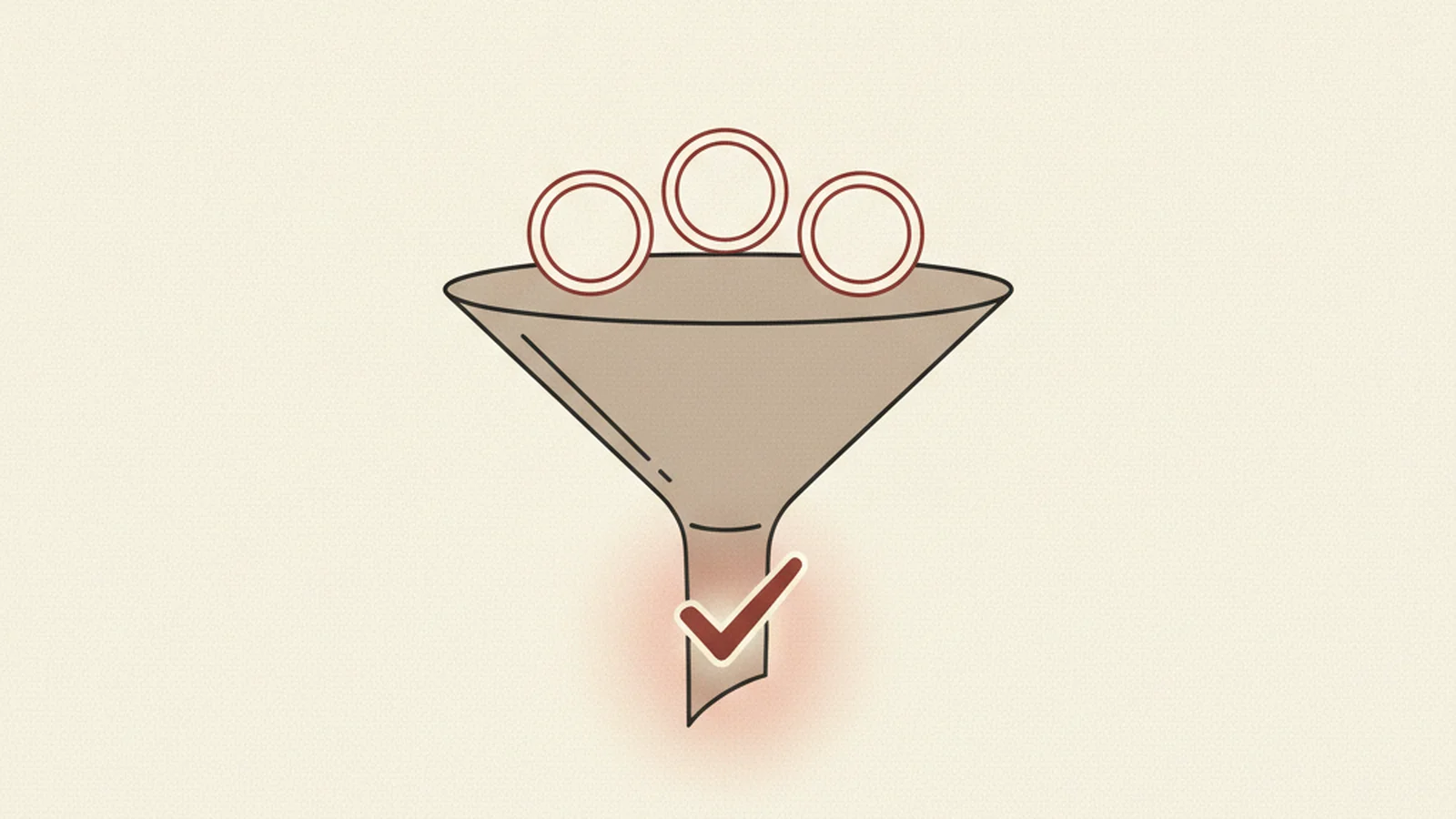 Illustration of coins flowing down through a funnel toward a glowing checkmark at the spout