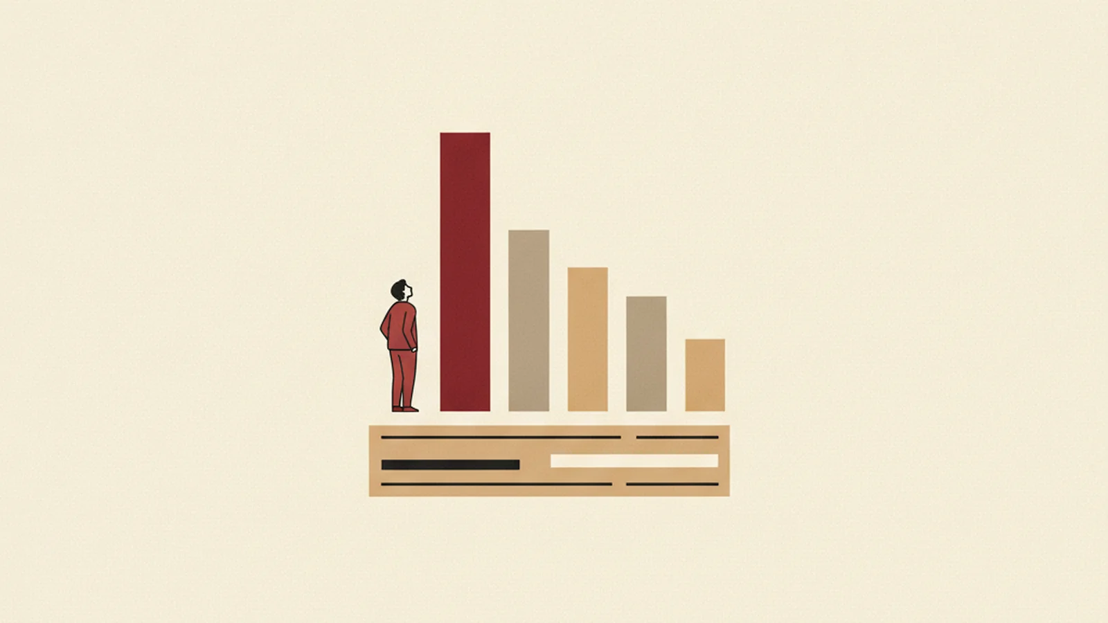 Illustration of a job-listing card with an accessibility icon badge next to a rising line graph, in an oxblood and cream editorial style