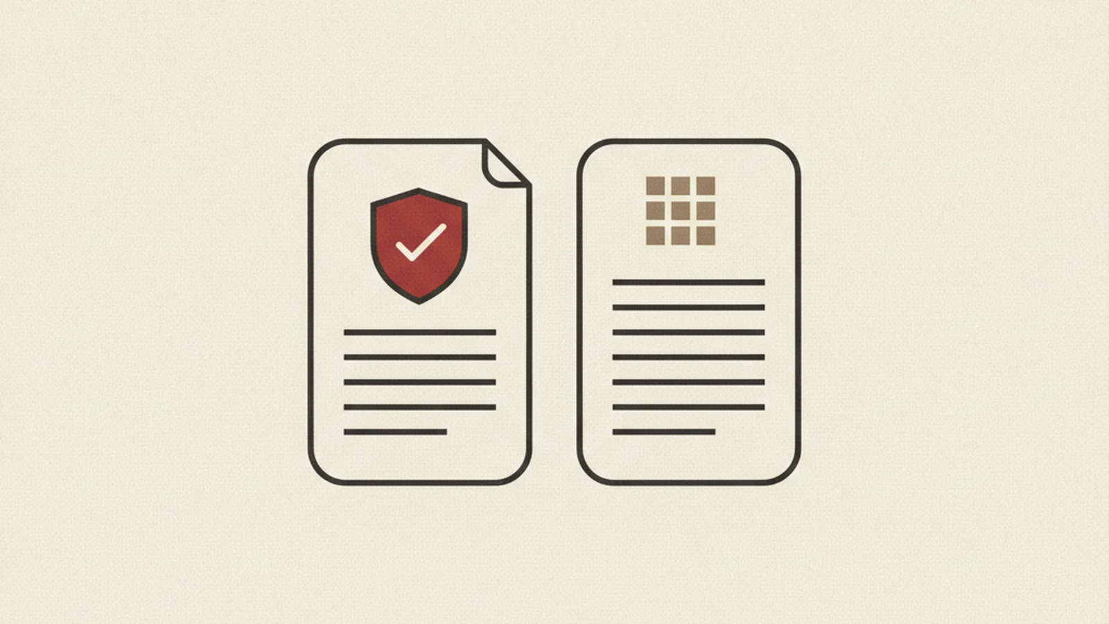 Illustration of two documents side by side, one with a shield-checkmark badge and one with a grid icon