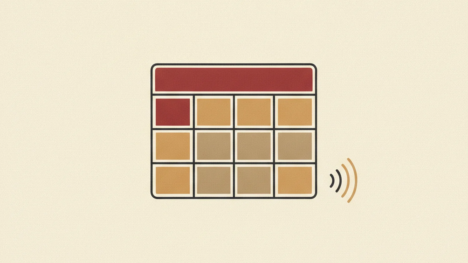 Oxblood and cream editorial illustration of a data table grid with the top row and left column highlighted to show header cells