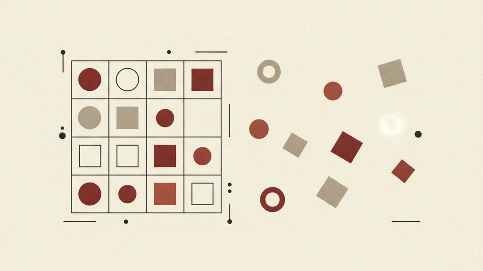 Illustration contrasting a connected data-table grid on one side with scattered disconnected cells on the other