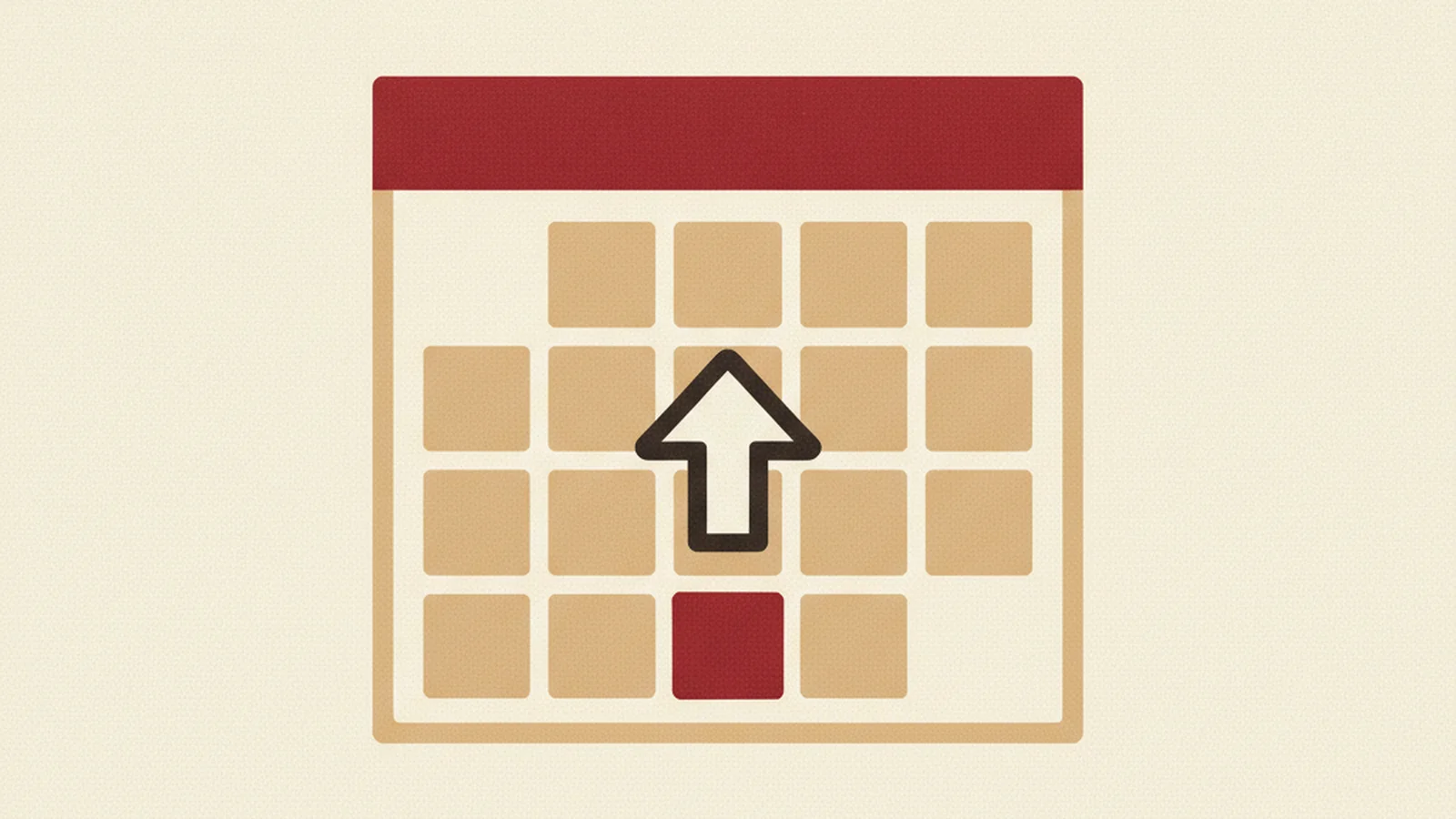Illustration of a calendar page with a highlighted date square and a keyboard arrow key hovering above it, in an oxblood and cream editorial style