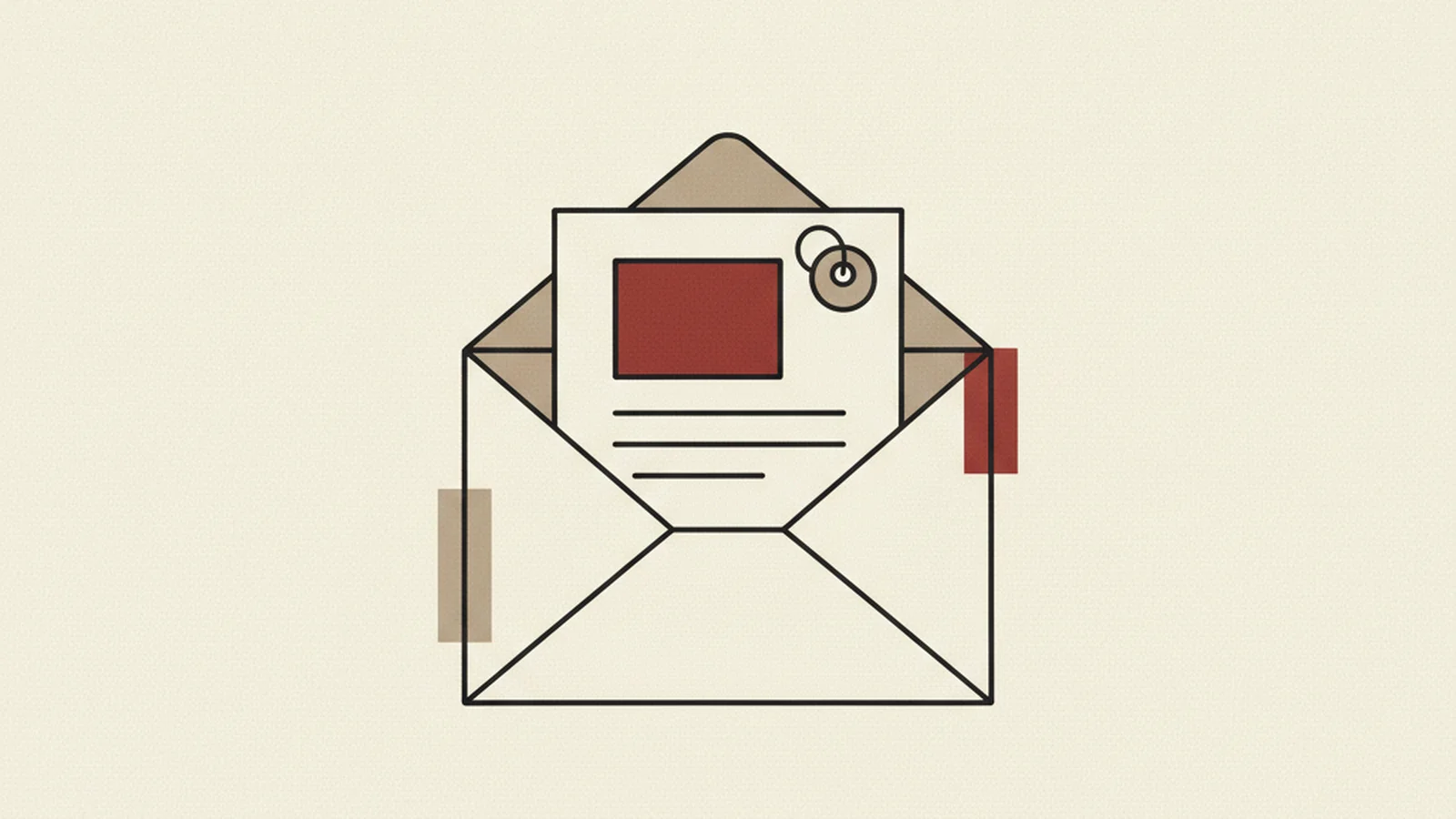 Illustration of an open envelope revealing an email layout with an image block carrying a small tag icon