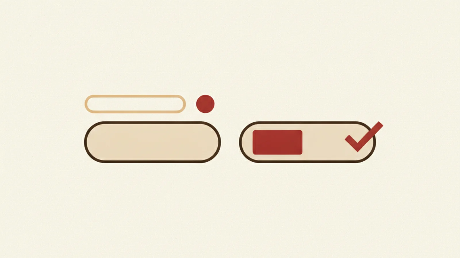 Illustration contrasting a form field with a faint floating label and error dot against one with a solid label and checkmark