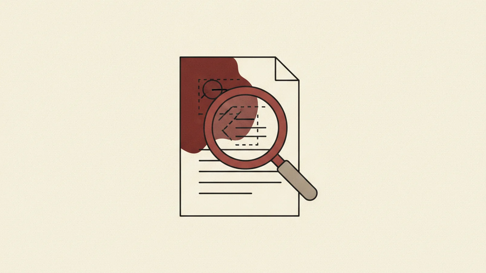 Illustration of a document page with a dark blind-spot patch and a magnifying glass revealing hidden content beneath it