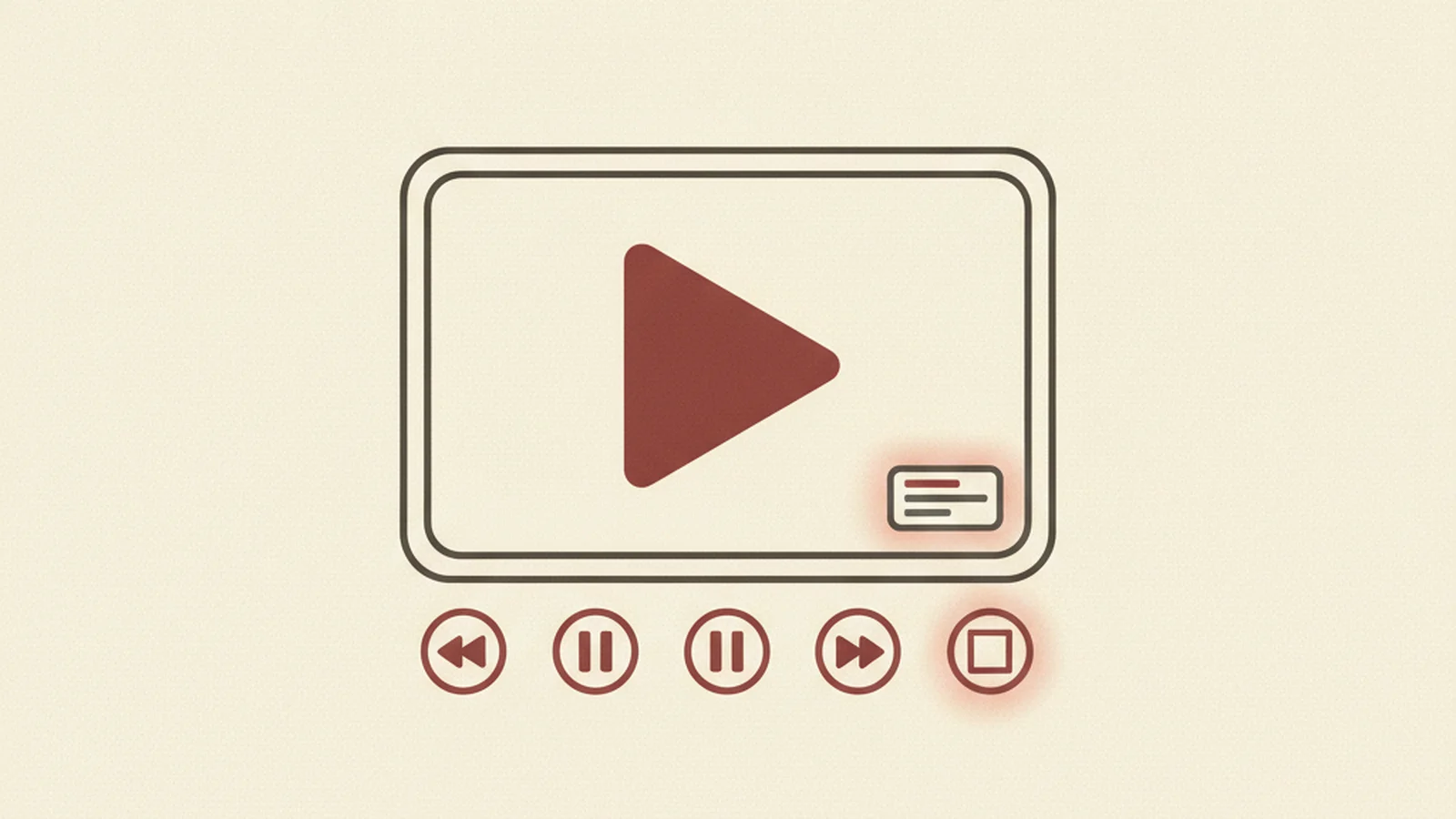 Illustration of a video frame with a play button, a row of playback controls, and a glowing captions badge