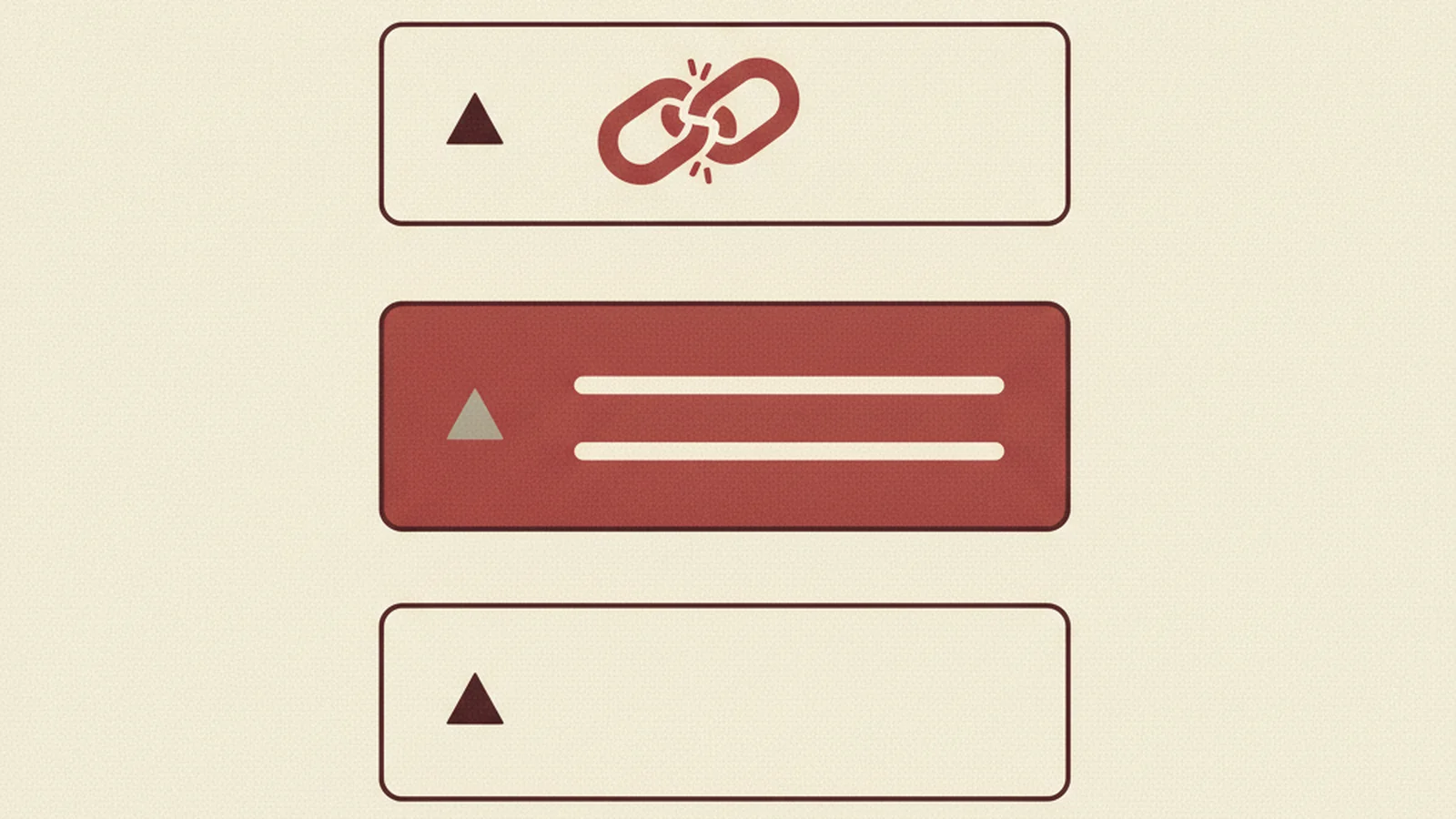 An oxblood and cream editorial illustration of three stacked collapsible accordion rows, the middle one expanded, with a broken chain-link icon beside the header row.