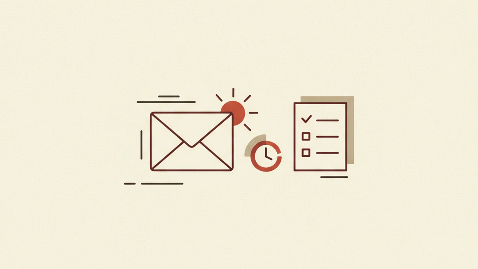 Illustration of an urgent envelope, a clock showing a short time, and a checklist icon beside them