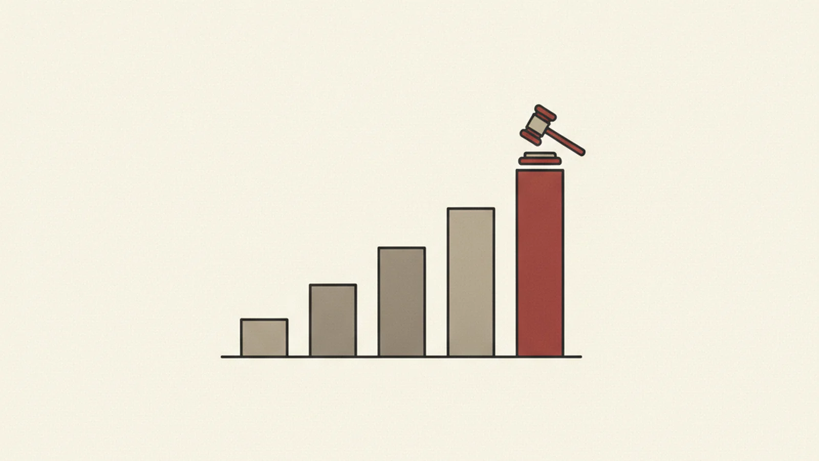 Illustration of an upward-trending bar chart with a gavel resting on the tallest bar
