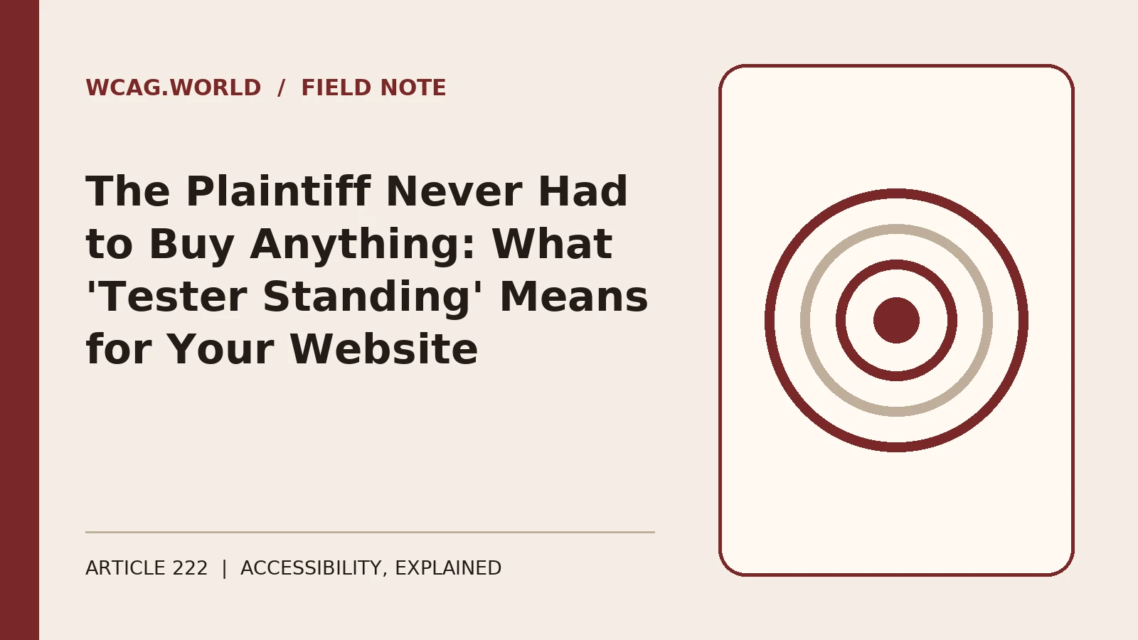 An oxblood and cream editorial illustration of a courthouse column beside a browser window icon, with a magnifying glass hovering over the browser representing a tester visiting a site without buying.