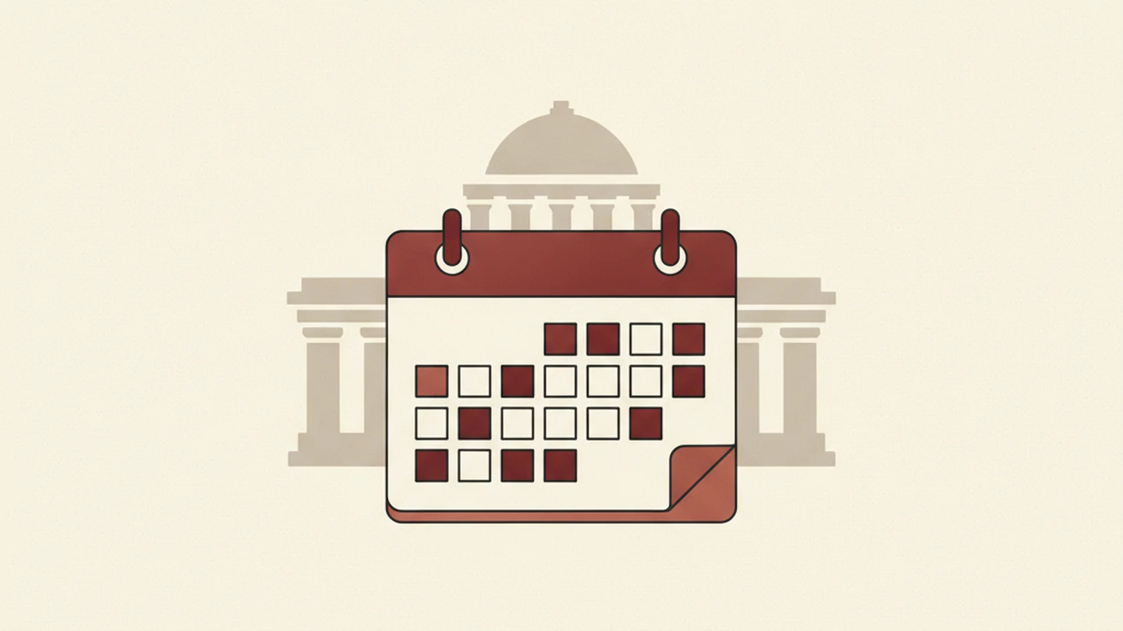 Illustration of a calendar page flipping forward with a faint government building silhouette behind it