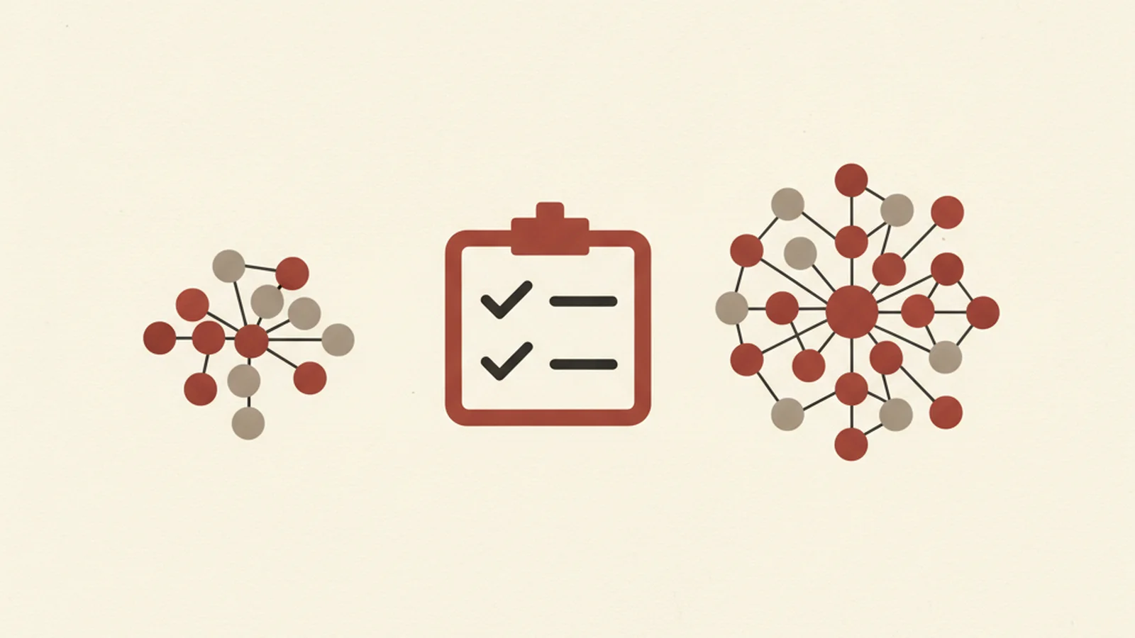 Illustration of a small cluster of dots and a large cluster of dots with a checklist icon between them