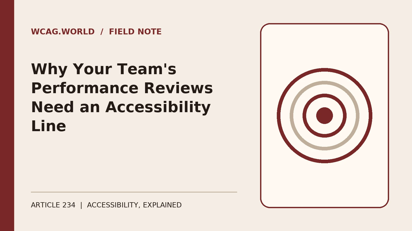 An oxblood and cream editorial illustration of a performance review document with a list of criteria, one new line highlighted with a small accessibility icon beside it.