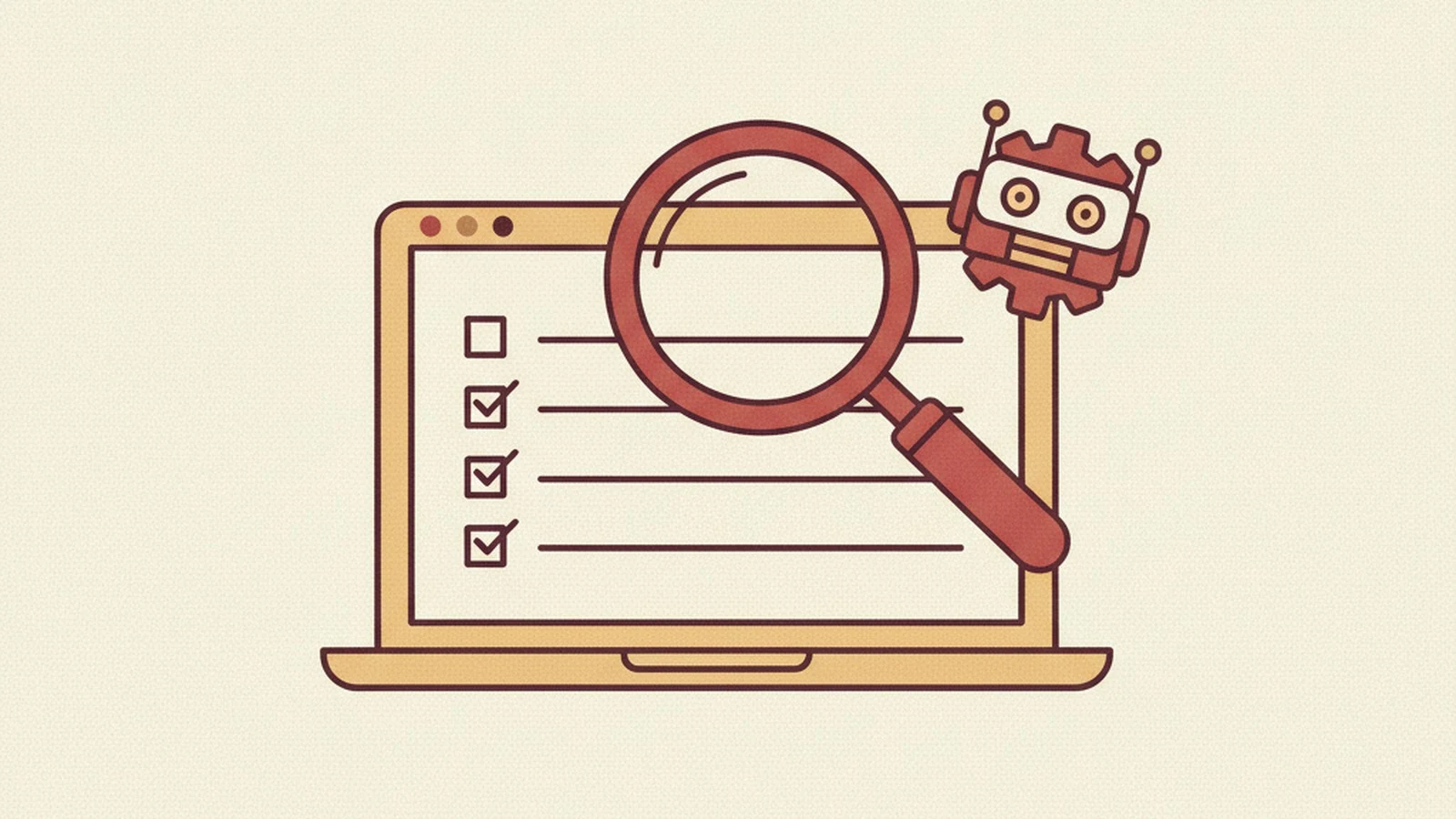 Oxblood and cream editorial illustration of a three-stage pipeline showing a magnifying glass, a robot assistant, and a person signing off a checklist.