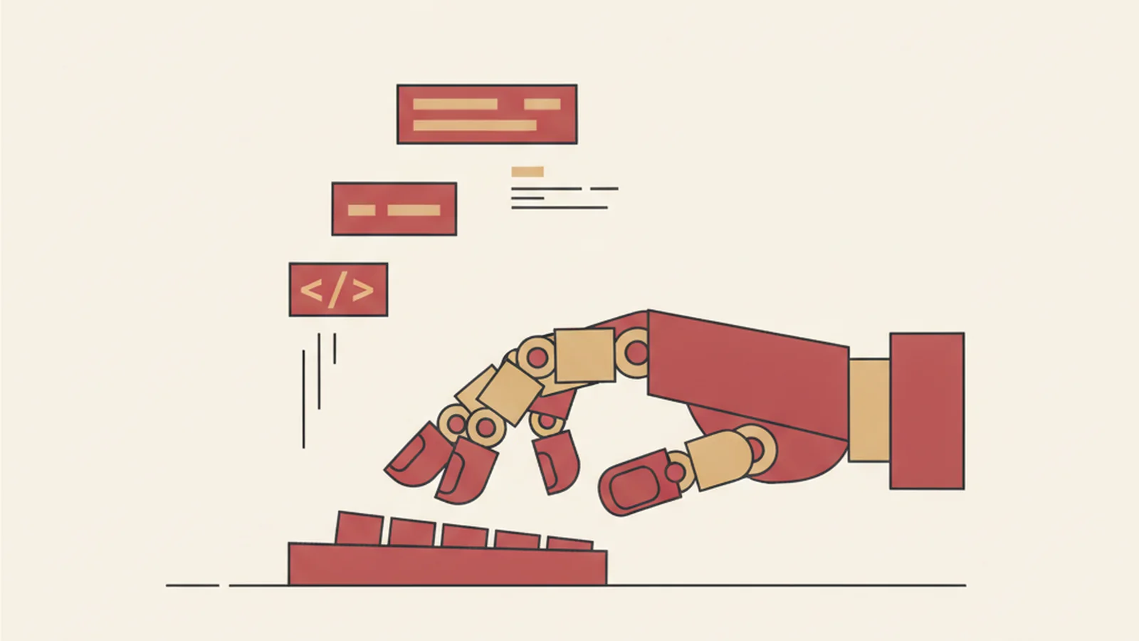 Illustration of a robot hand typing code with a small accessibility icon flickering between checked and unchecked, in an oxblood and cream editorial style