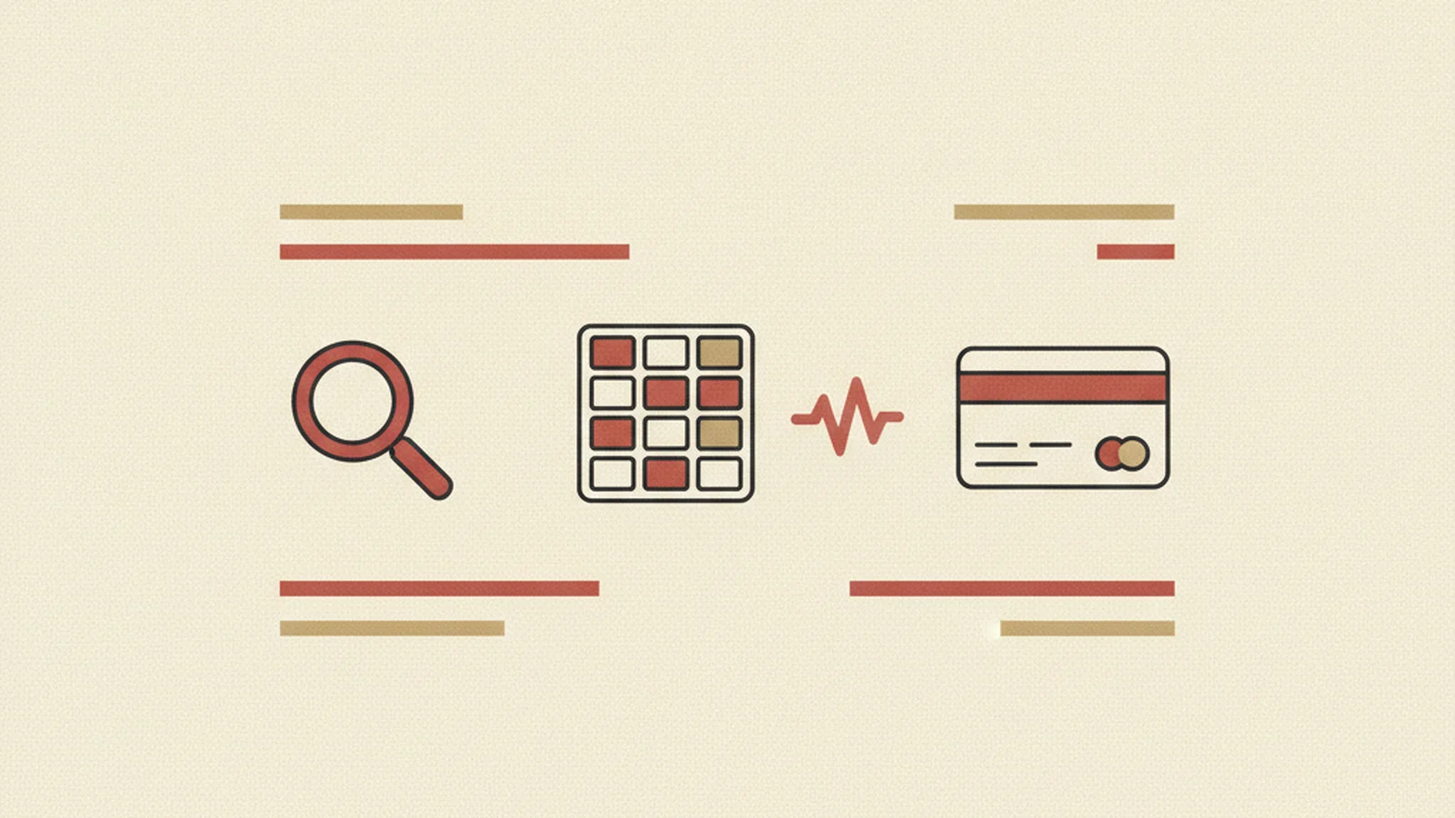 An oxblood and cream editorial illustration of a three-step flight booking flow with an unlabeled seat map grid and a broken soundwave icon beside it.