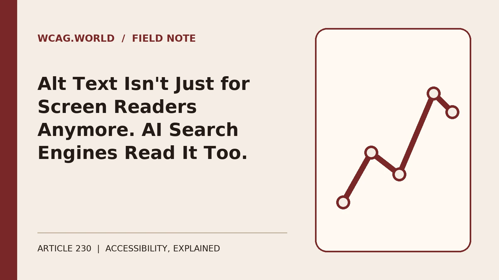 An oxblood and cream editorial illustration of an image icon with two arrows branching from it, one toward a screen reader soundwave icon and one toward an AI chat bubble icon.