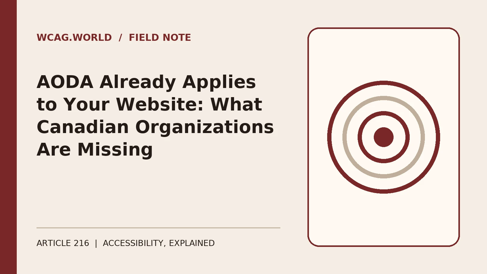 An oxblood and cream editorial illustration of a Canadian maple leaf outline beside a checklist document with a WCAG AA badge, representing Ontario's accessibility law applying to websites.