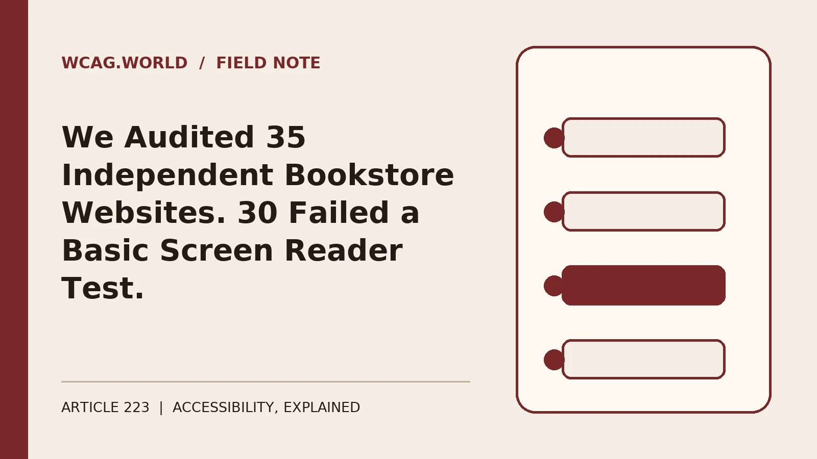An oxblood and cream editorial illustration of a row of books on a shelf beside a laptop screen showing a broken checkout flow icon.