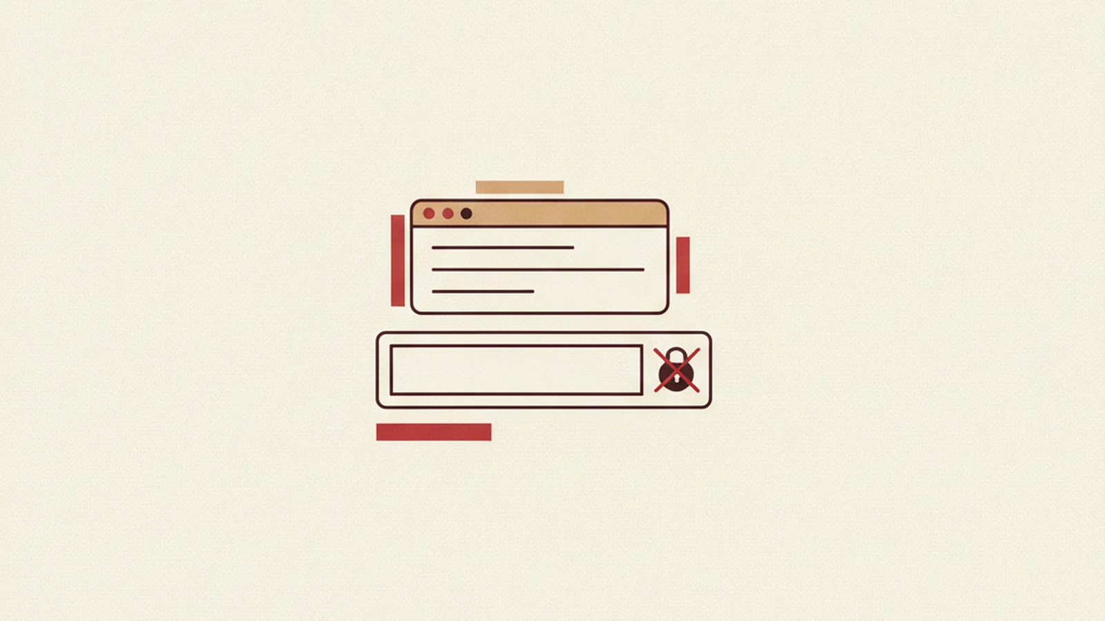 An oxblood and cream editorial illustration of a form field with a browser autofill dropdown above it and a padlock icon labeled autocomplete off crossed out beside it.