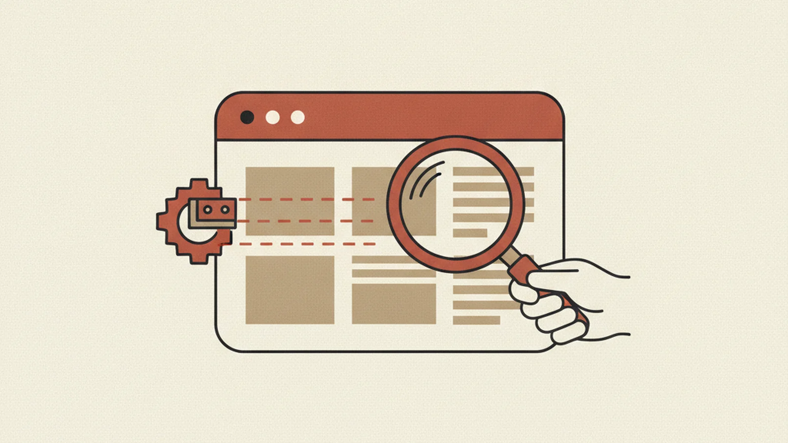 Illustration of a robot gear icon and a hand with a magnifying glass both inspecting a webpage layout from opposite sides