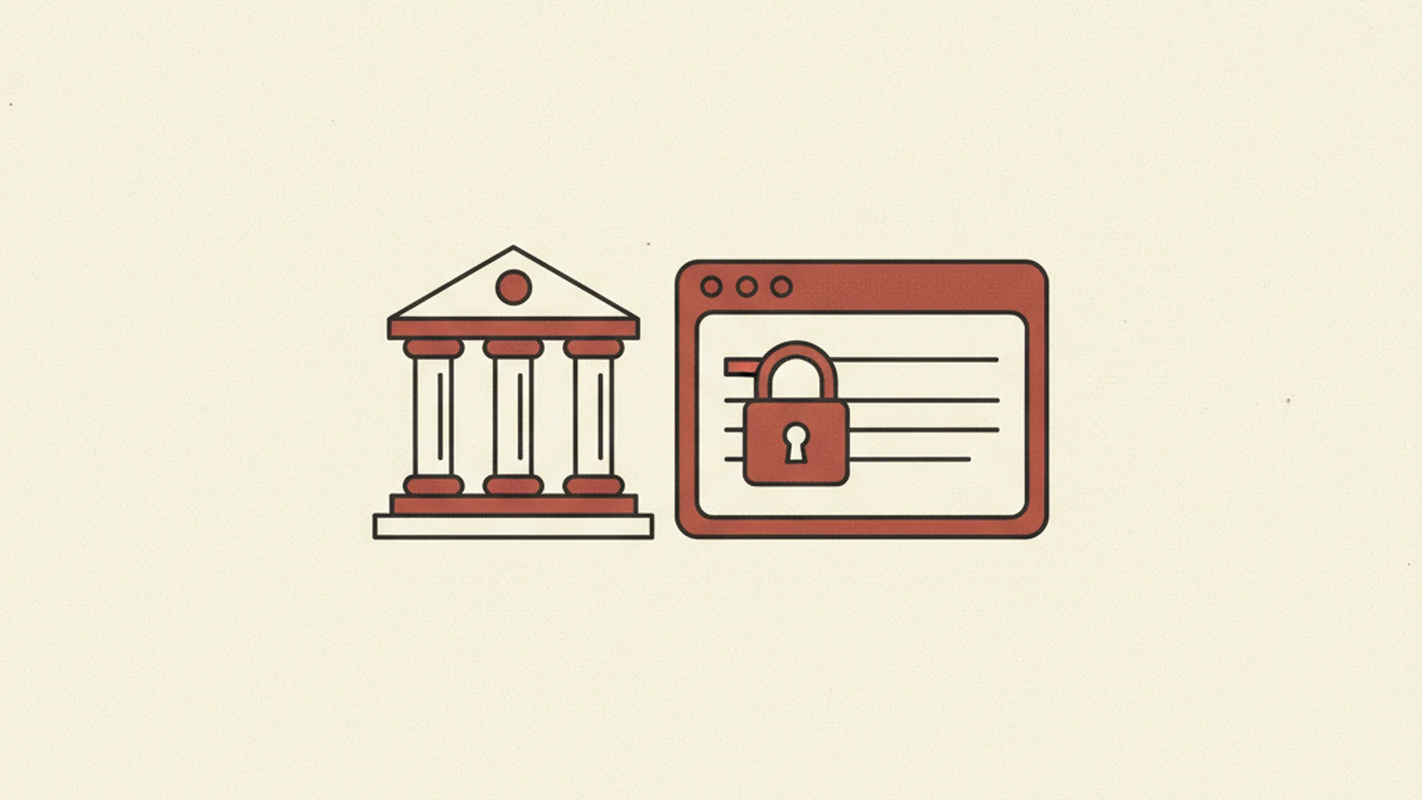 Illustration of a columned bank building beside a login form with a padlock icon over it