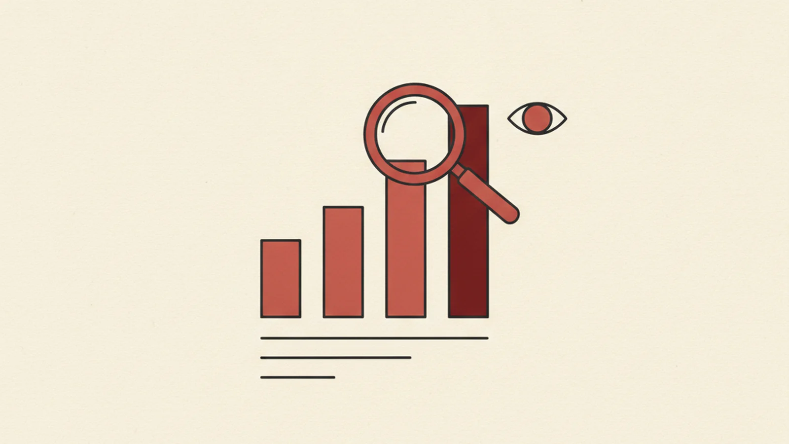 An oxblood and cream editorial illustration of a bar chart with a magnifying glass held above it and a small eye icon beside the tallest bar.