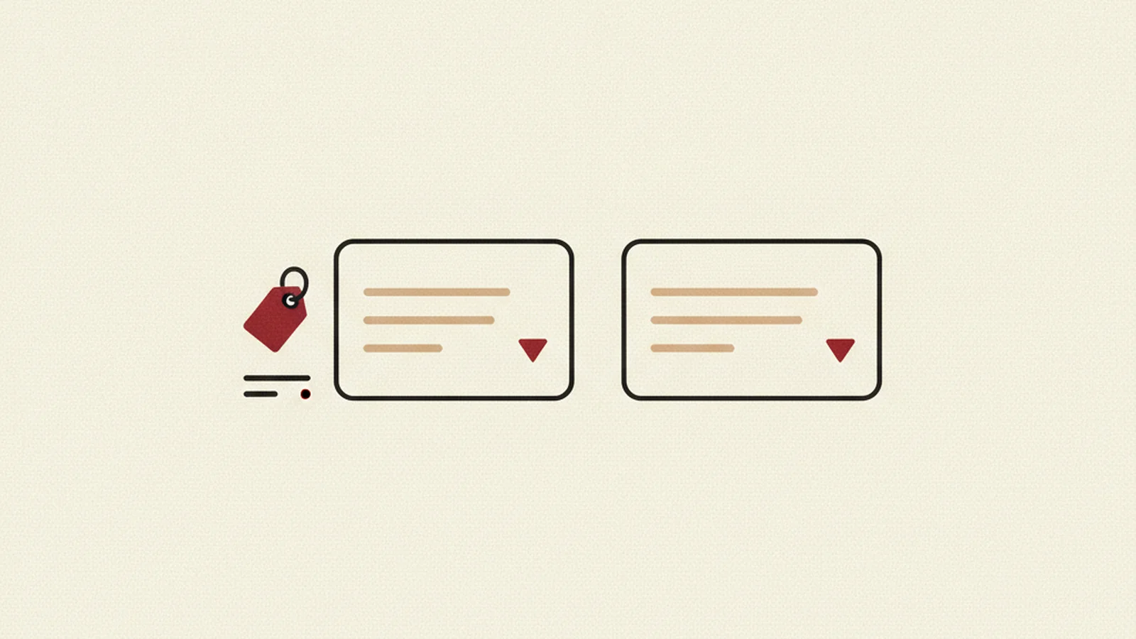 An oxblood and cream editorial illustration of a search input dropdown widget with an aria-tag icon beside it, and a second identical-looking widget with the tag icon missing.