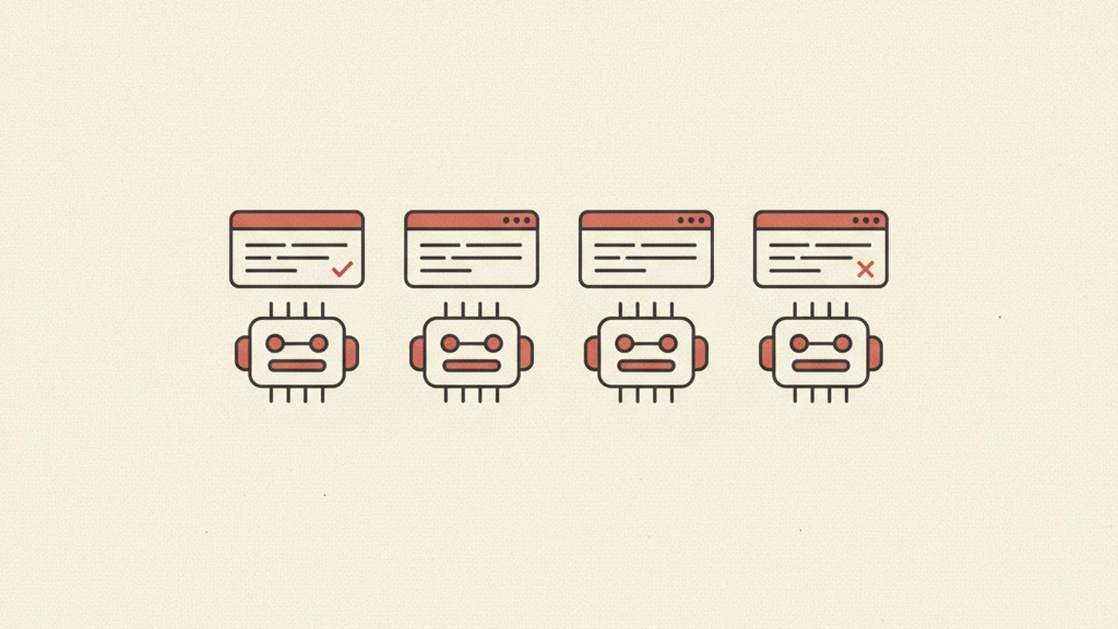 Oxblood and cream editorial illustration of four abstract code windows arranged in a scorecard, two marked with a check and two marked with an x.