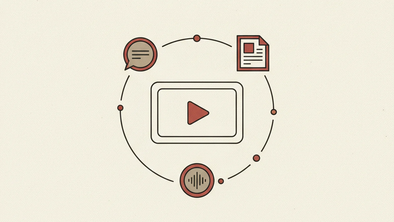 Illustration of a video frame surrounded by a captions bubble, a transcript document icon, and a sound-wave icon